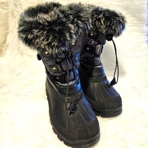 Thinsulate KSNOW black gray fur top lace up winter snow waterproof boots sz 6